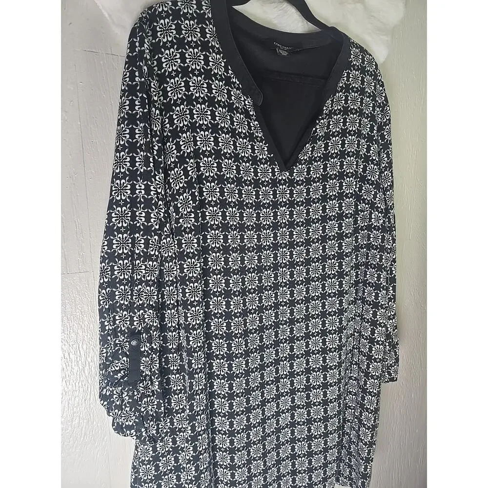 Concepts Shift Dress Womens 4X Plus Black White Geometric Print 3/4 Sleeve Boho - Picture 3 of 7
